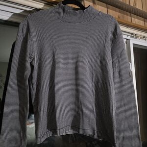 Classic Black & White Micro-Stripe Mock Neck Top - Medium